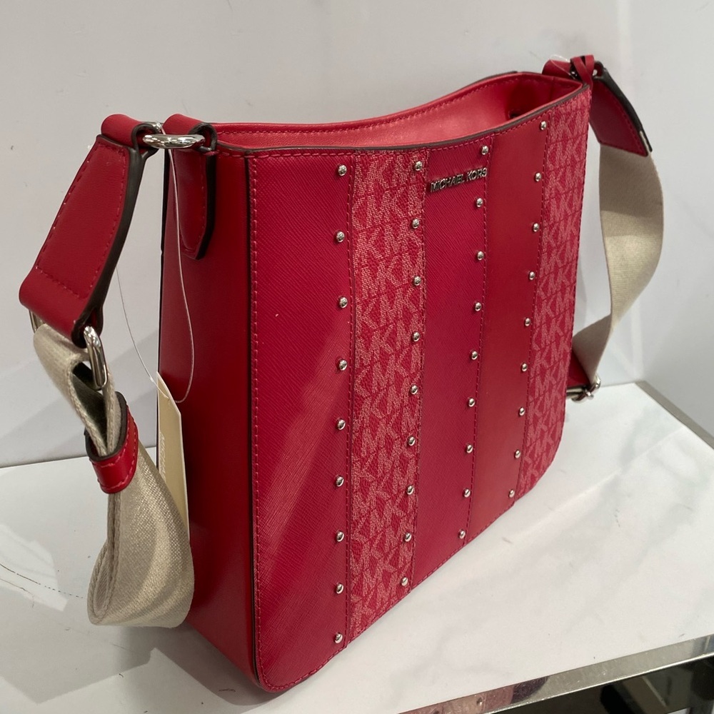 Michael Kors Jet Set Travel Small Crossbody Bag MK Dark Raspberry Studded - Picture 10 of 14